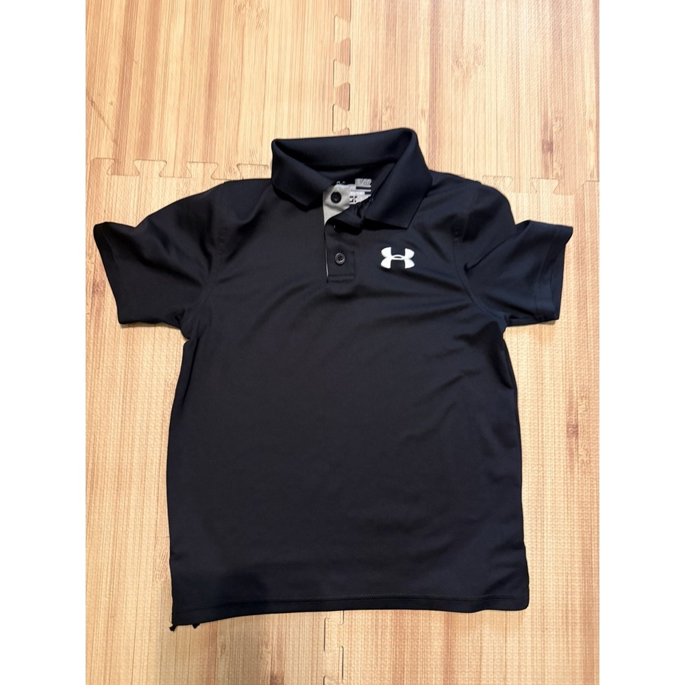Under Armour HeatGear Boys Black Polo Shirt Youth small Loose Fit